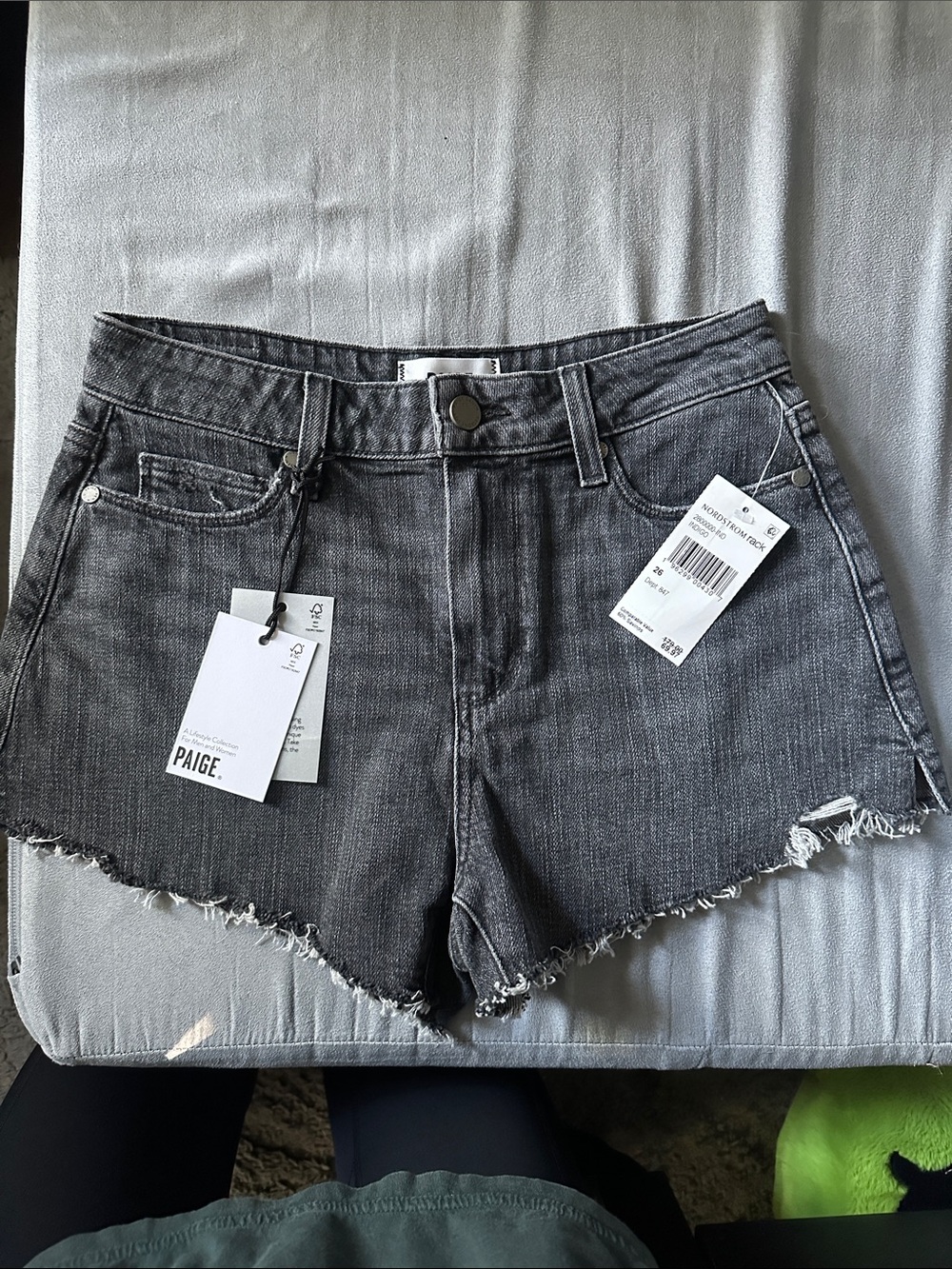 PAIGE Gray Frayed Hem Denim Shorts